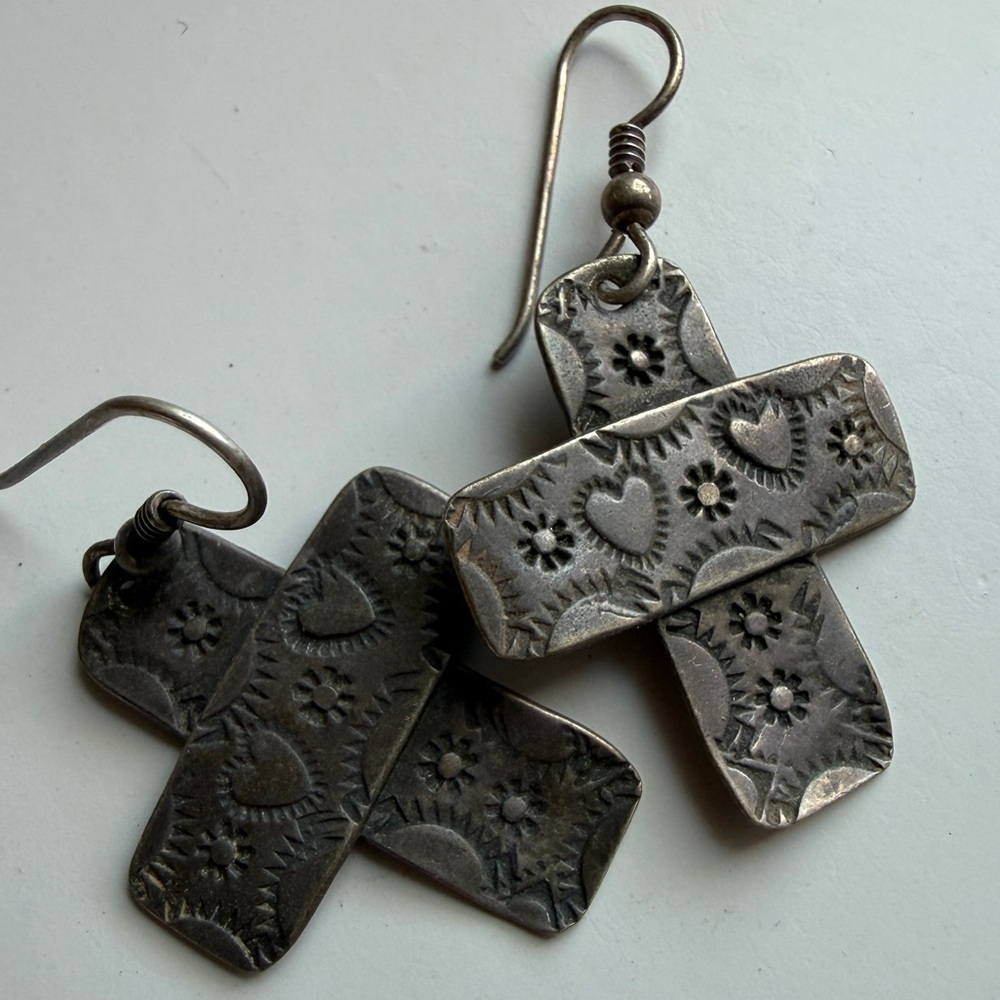 Vintage Hand Stamped Sterling Silver Rustic Cross Earrings Boho Art